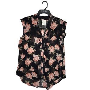 Black Sleeveless Sheer Button Down Top with Gorgeous Peach Flowers 🌸